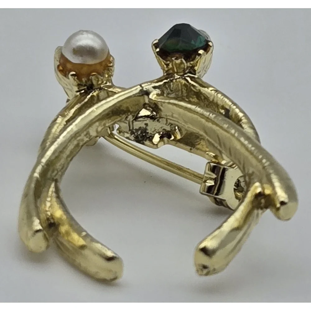 Vintage Gold Tone Wishbone Brooch Lucky‎ Charm Faux Pearl Green Rhinestone Pin